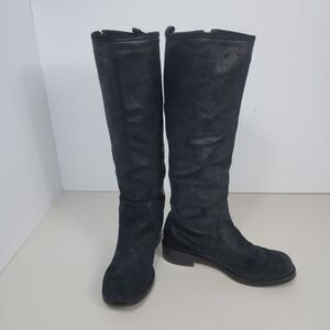 JIMMY CHOO Riding Boots 37 Black Suede Upper, Leather Sole Knee High Gold Trim